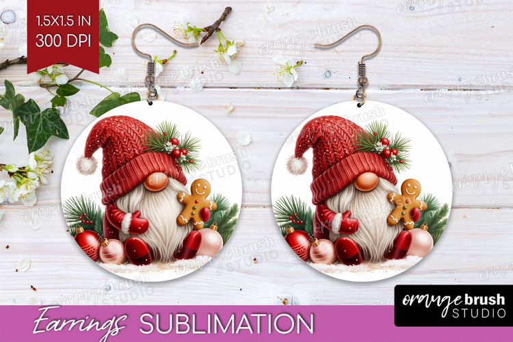 Christmas Gnome Round Earrings - Cute Gnome PNG Sublimation
