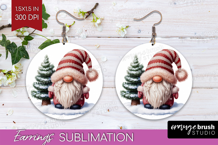Christmas Gnome Round Earrings - Cute Gnome PNG Sublimation