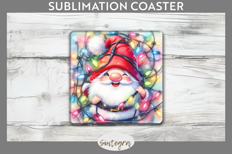 Christmas Gnome v2 Entangled in Lights Square Coaster Sublim