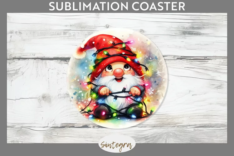 Christmas Gnome v3 Entangled in Lights Round Coaster Sublima
