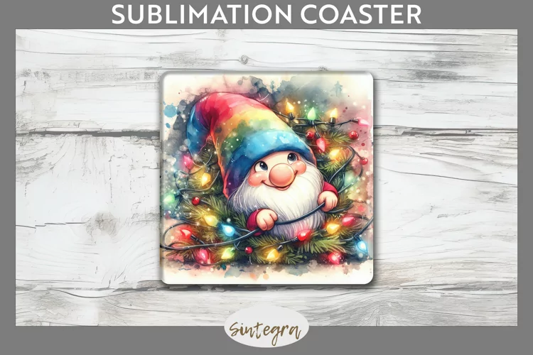 Christmas Gnome v4 Entangled in Lights Square Coaster Sublim