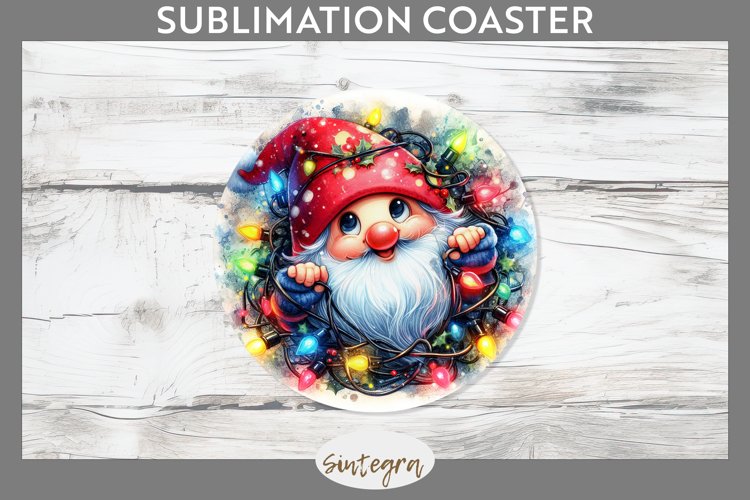 Christmas Gnome v6 Entangled in Lights Round Coaster PNG