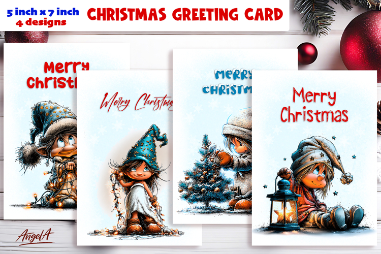 Merry Christmas card design Christmas girl gnomes, lights
