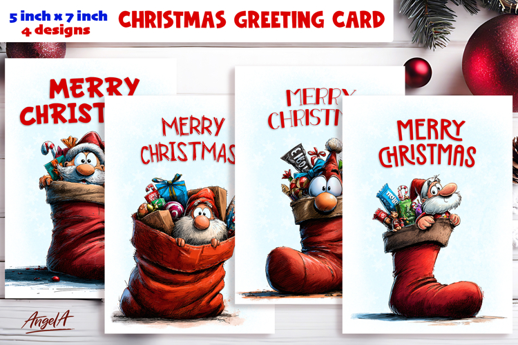 Merry Christmas card design Funny gnome in Christmas sock