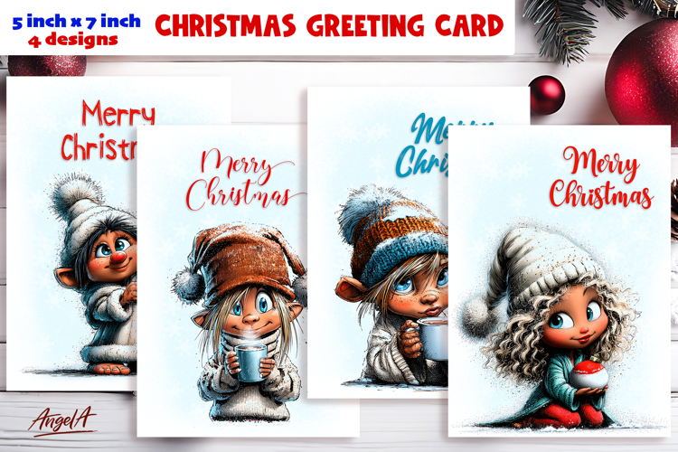 Merry Christmas card design Fairy Christmas girl gnomes