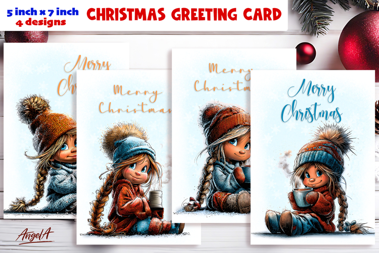 Merry Christmas card design Cute girl with cup of tea, cocoa