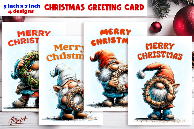 Merry Christmas card printable Christmas gnome with wreath