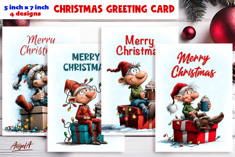 Merry Christmas card design Christmas gnomes, gift box PNG