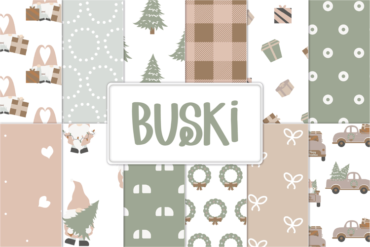 Set of 12 Christmas digital papers in beige and green tones with gnomes, trees, gifts, and wreaths. Rustic and minimalist holiday design.