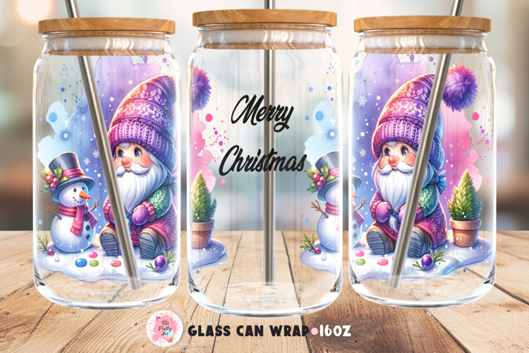 Christmas Gnome Glass 16 Oz Glass Can Wrap Png