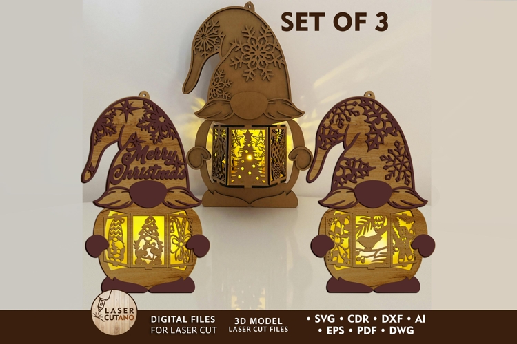 Christmas Gnome Lanterns - Set of 3 - Laser Cut Designs
