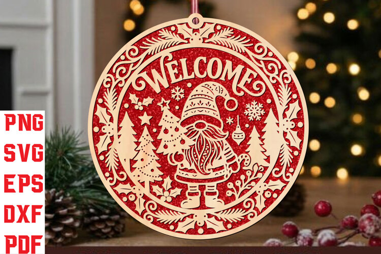 Christmas Gnome Round Sign Laser SVG example image 1