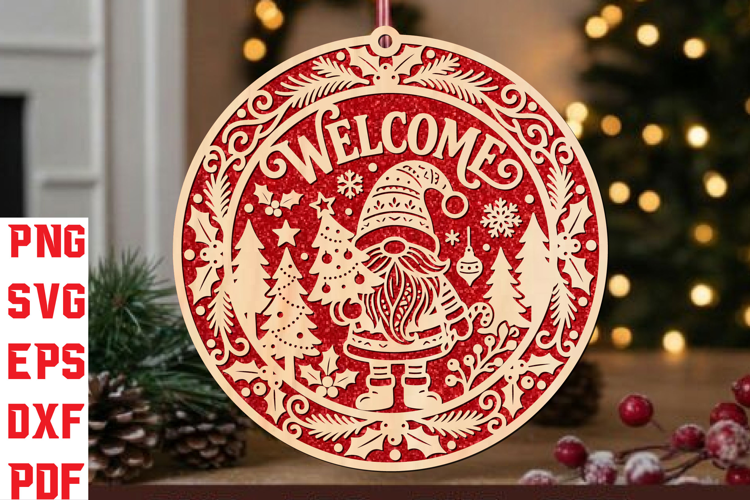 Christmas Gnome Round Sign Laser SVG