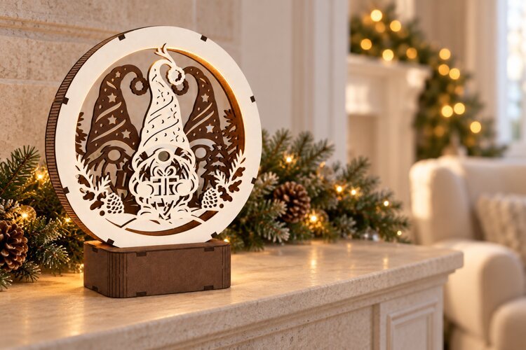 Christmas Gnomes LED Lamp SVG - 3 mm Laser Cut example image 1