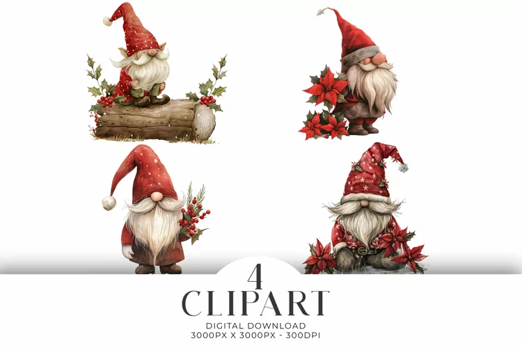 Christmas Gnomes Clipart Illustrations Watercolor PNG