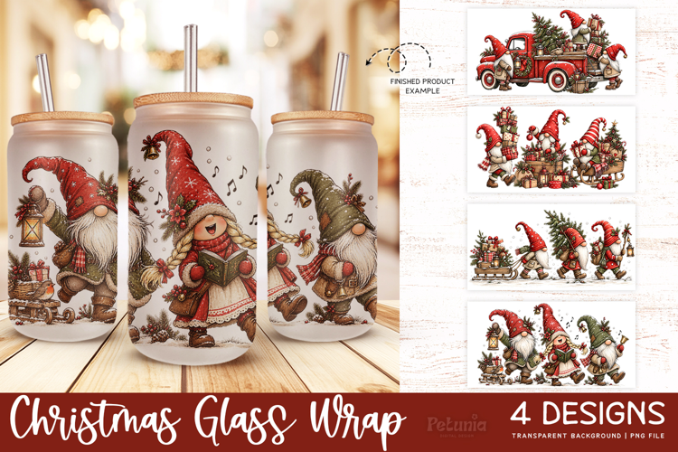 Christmas Gnomes Glass Can Wrap PNG, 16oz Holiday Cup Wrap