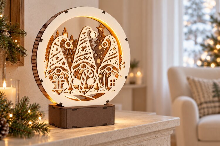 Christmas Gnomes Fireplace Lamp SVG - 3 mm Laser Cut example image 1