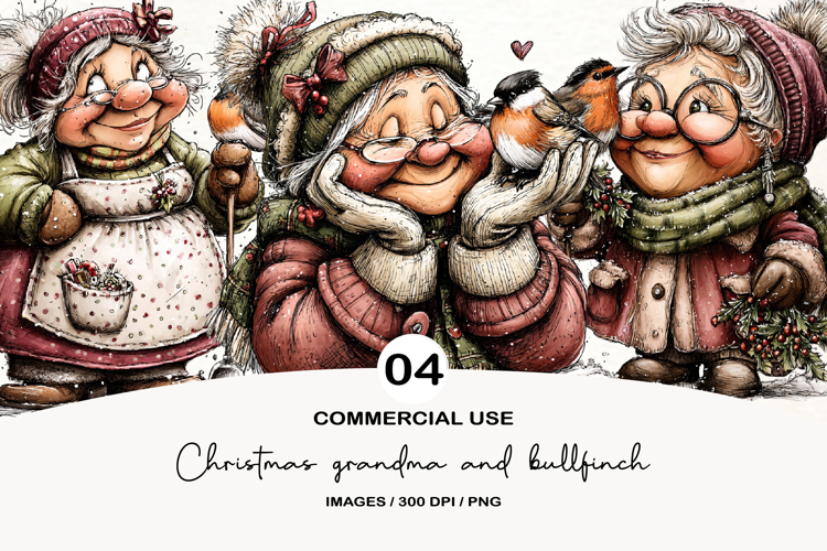 Christmas grandma and bullfinch Sublimation