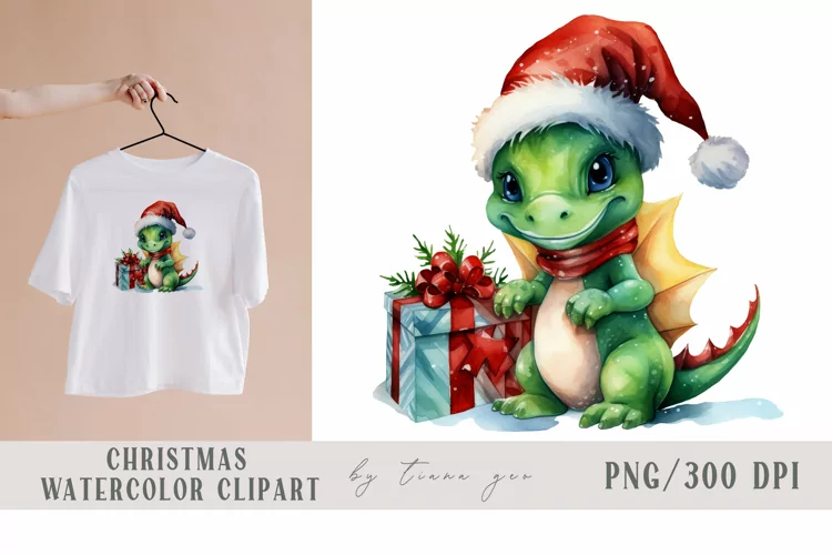 Cute Christmas dragon in Santas hat sublimation - 1 PNG