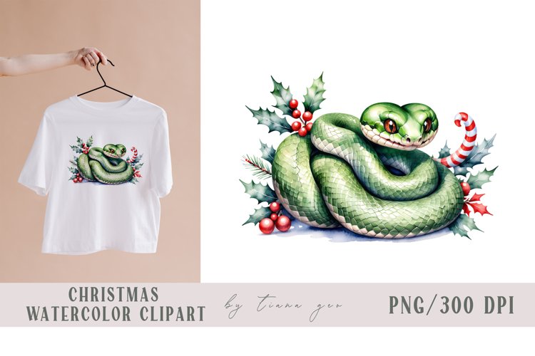 Watercolor Christmas green snake in Santa hat - 1 png