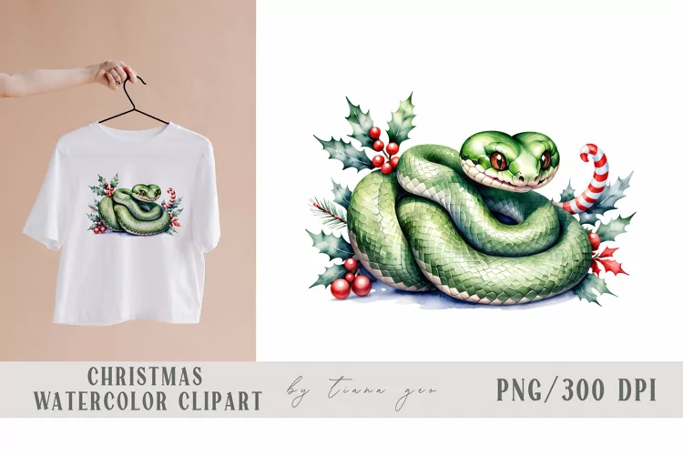 Watercolor Christmas green snake in Santa hat - 1 png