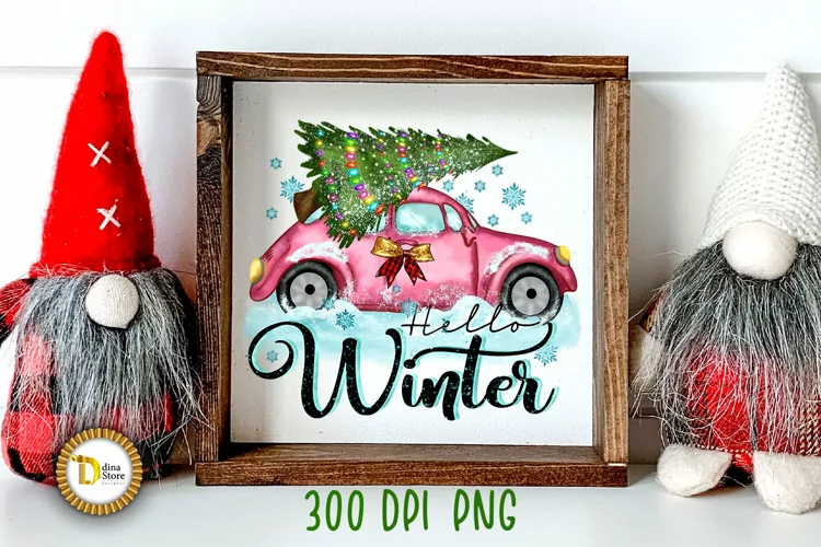 Christmas Greetings Pink Vintage Car- Hello Winter PNG