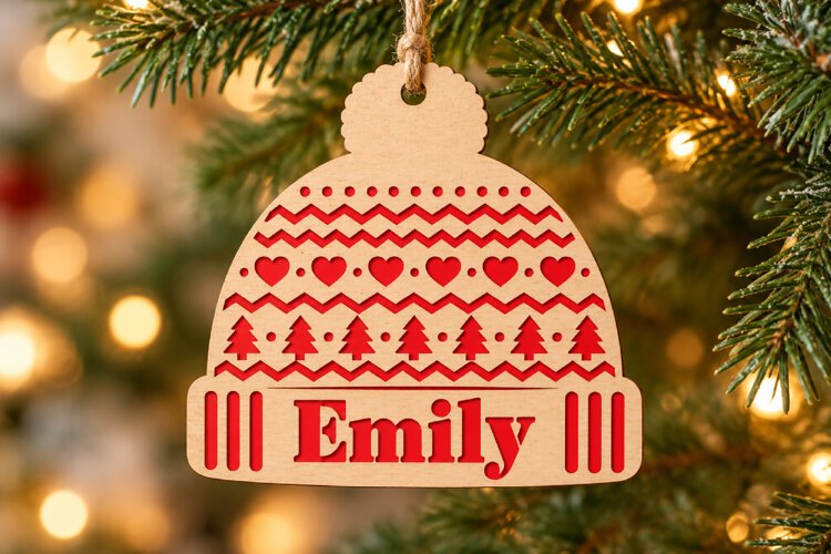 Christmas Hat Ornament SVG, Laser Cut Name Design File example image 1