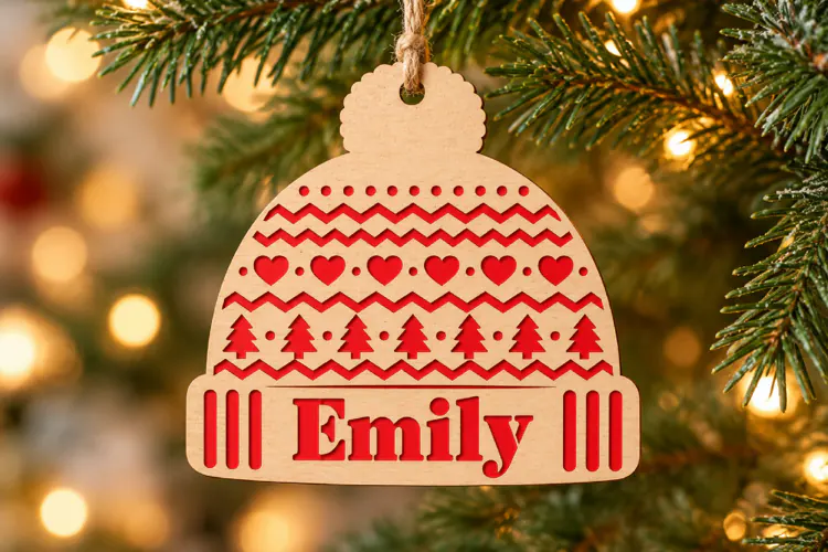 Christmas Hat Ornament SVG, Laser Cut Name Design File