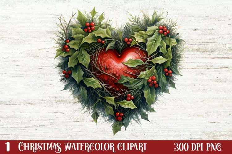 Christmas Hearts Watercolor Clipart, Christmas PNG