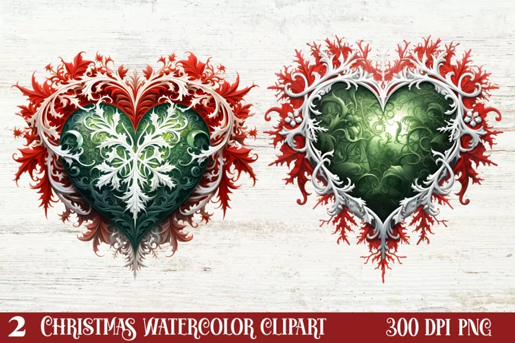 Christmas Hearts Watercolor Clipart, Christmas PNG