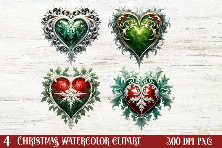 Christmas Hearts Watercolor Clipart, Christmas PNG