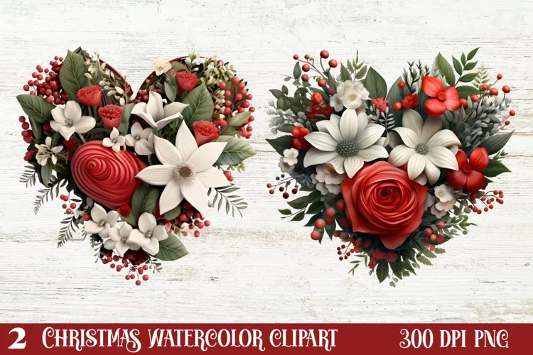Christmas Hearts Watercolor Clipart, Christmas PNG