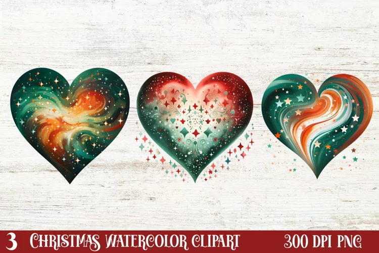 Christmas Hearts Watercolor Clipart, Christmas PNG