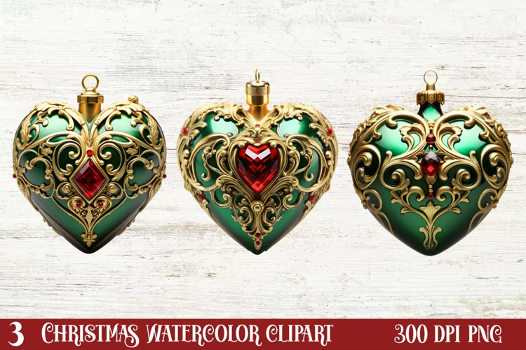 Christmas Hearts Watercolor Clipart, Christmas PNG