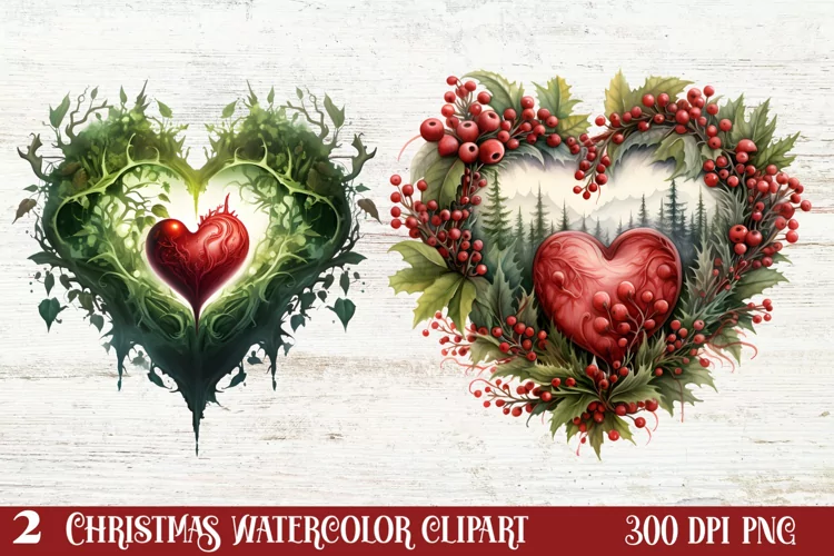 Christmas Hearts Watercolor Clipart, Christmas PNG