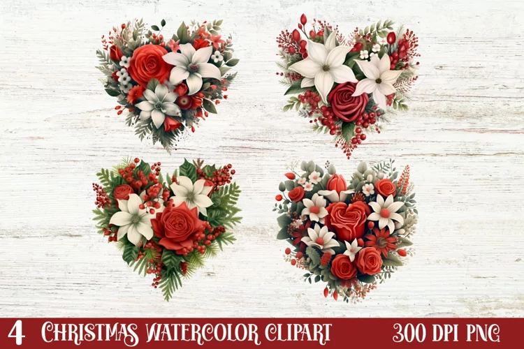 Christmas Hearts Watercolor Clipart, Christmas PNG