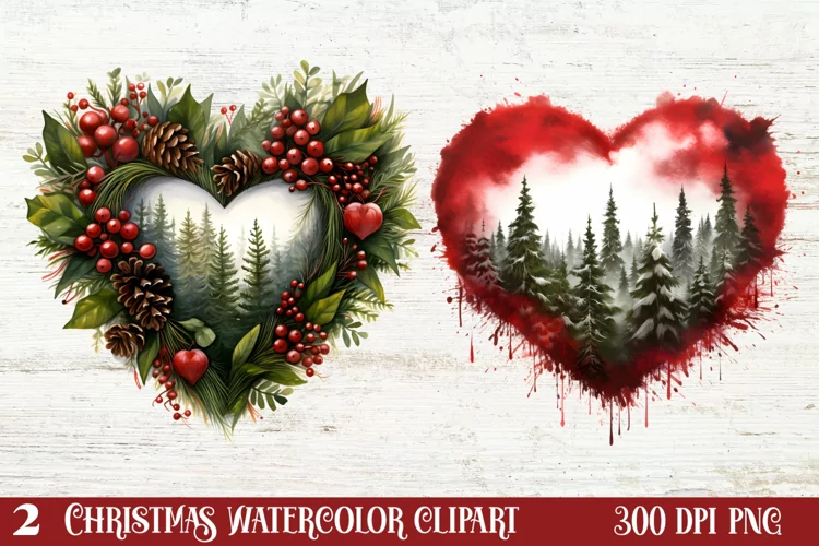 Christmas Hearts Watercolor Clipart, Christmas PNG