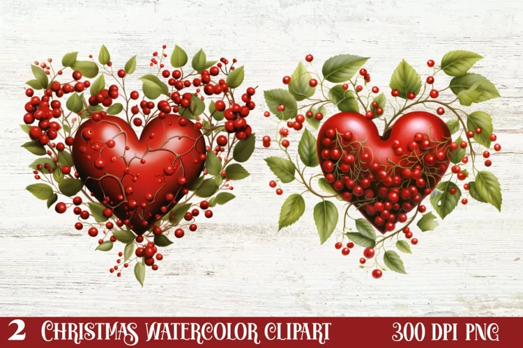 Christmas Hearts Watercolor Clipart, Christmas PNG