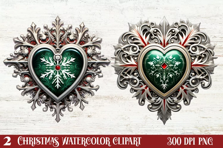 Christmas Hearts Watercolor Clipart, Christmas PNG