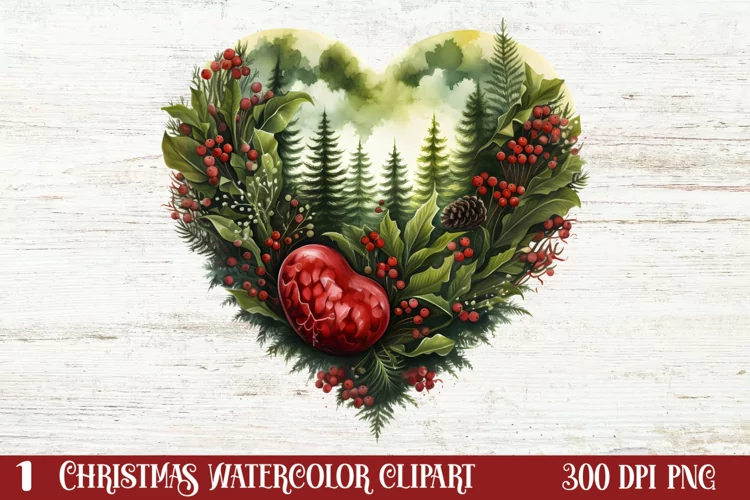 Christmas Hearts Watercolor Clipart, Christmas PNG