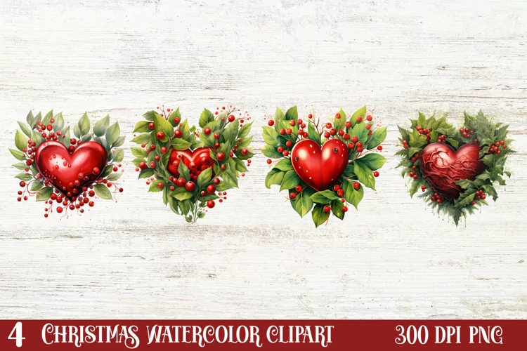 Christmas Hearts Watercolor Clipart, Christmas PNG