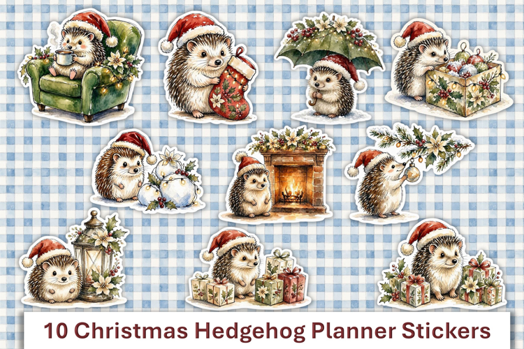 10 Cute Christmas Hedgehog Planner Stickers PNG