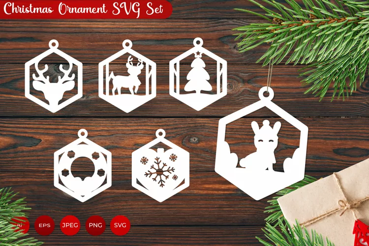 Christmas Ornament in Hexagon Frame Papercut Set