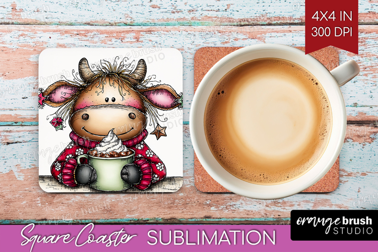 Highland Cow Square Coaster - Whimsical Christmas Coaster