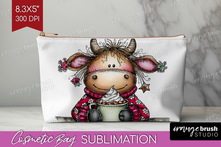 Highland Cow Cosmetic Bag - Whimsical Christmas Makeup Bag