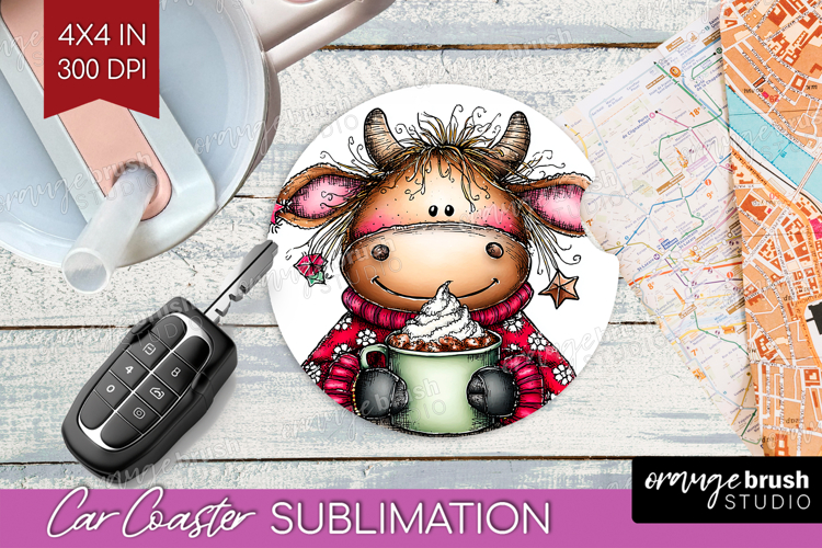 Highland Cow Car Coaster - Whimsical Christmas Coaster PNG