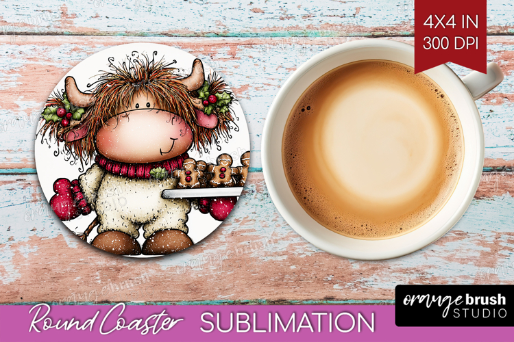 Highland Cow Round Coaster - Whimsical Christmas Coaster PNG