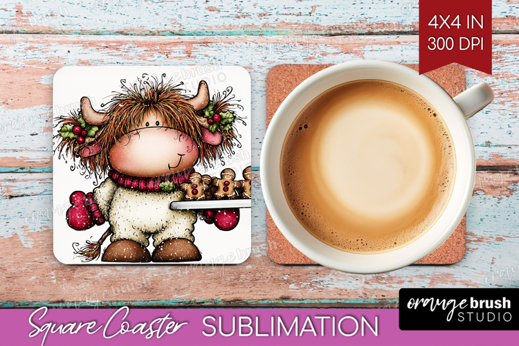 Highland Cow Square Coaster - Whimsical Christmas Coaster
