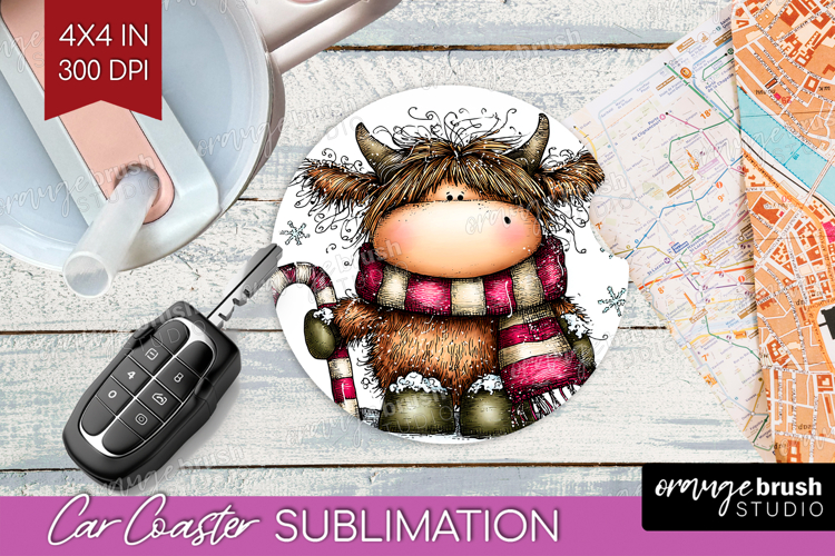 Highland Cow Car Coaster - Whimsical Christmas Coaster PNG
