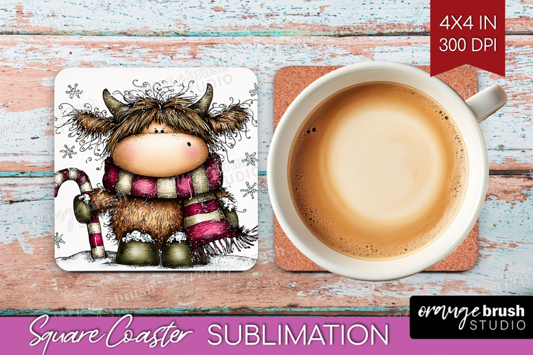 Highland Cow Square Coaster - Whimsical Christmas Coaster